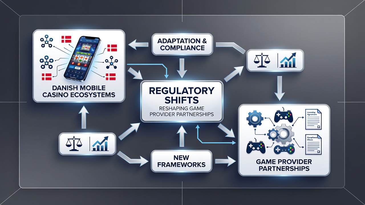 Grafik der viser partnerskabsstrukturer i mobile casino-økosystemer under nye danske regler